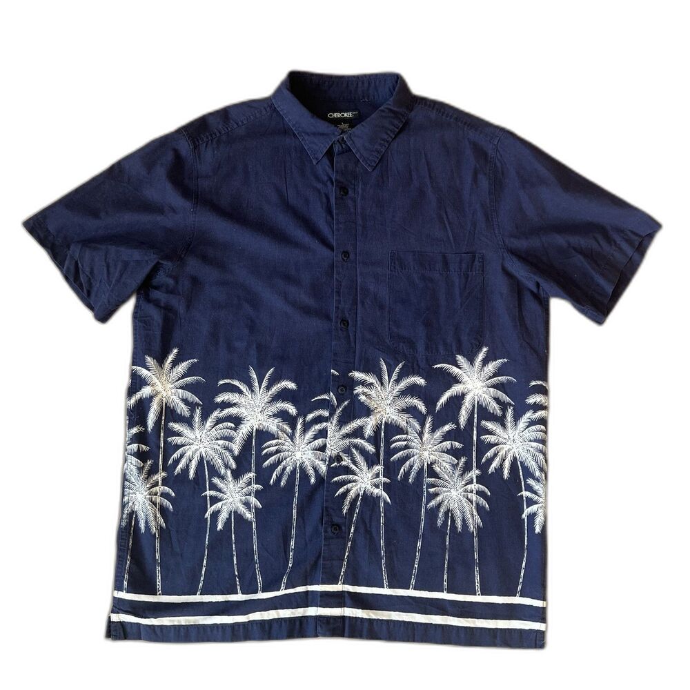 1990s Mens Blue Button Front Short Sleeve Hawaiian Shirt with Palm Trees sz Lg